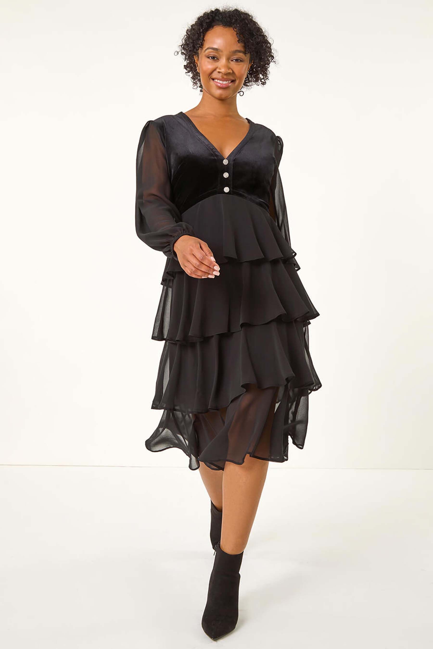 Buy Roman Black Petite Velvet Bodice Layered Dress from the Next UK online shop