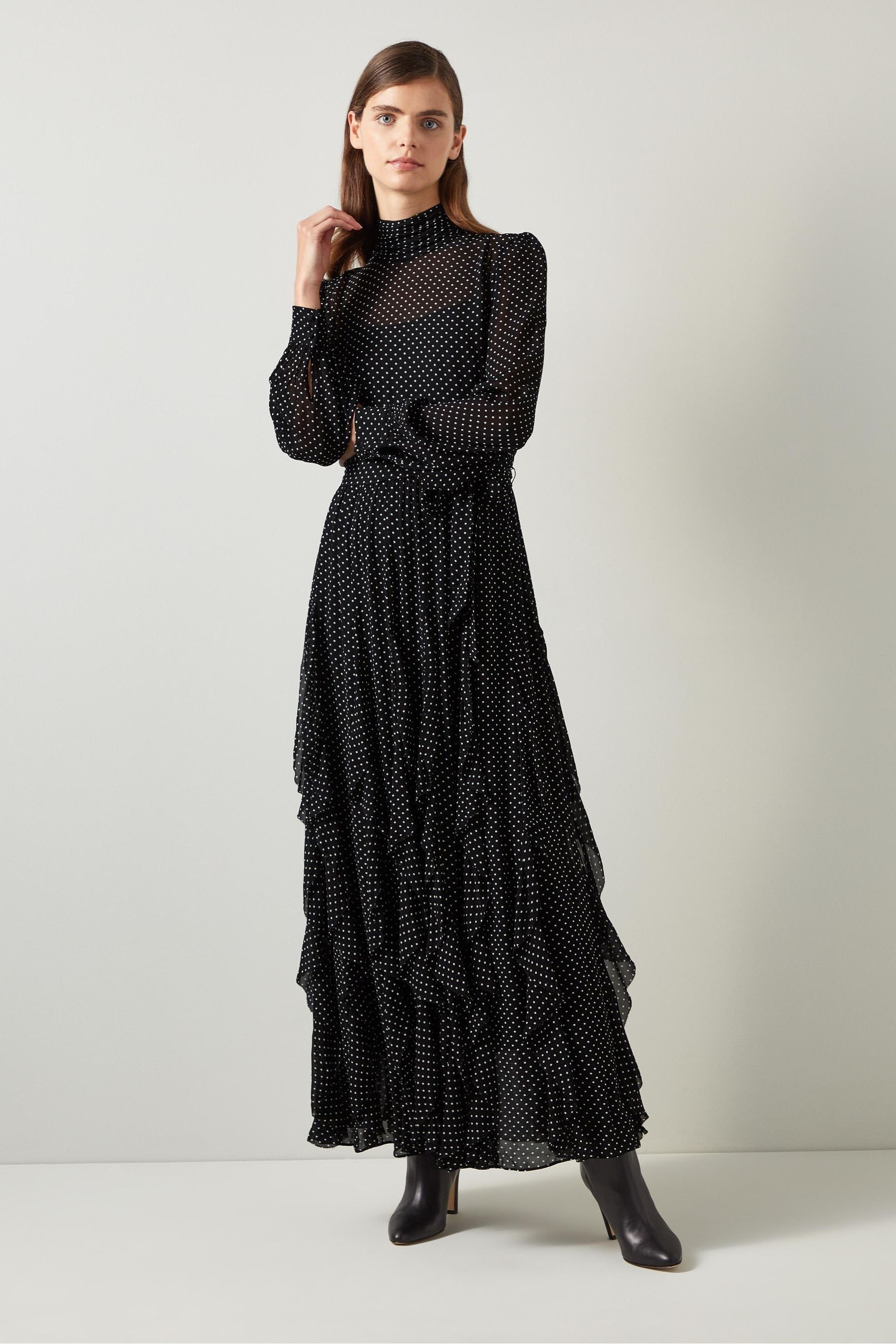 Buy LK Bennett Green Lucie Black Ivory Polkadot Ruffle Maxi Dress from the Next UK online shop