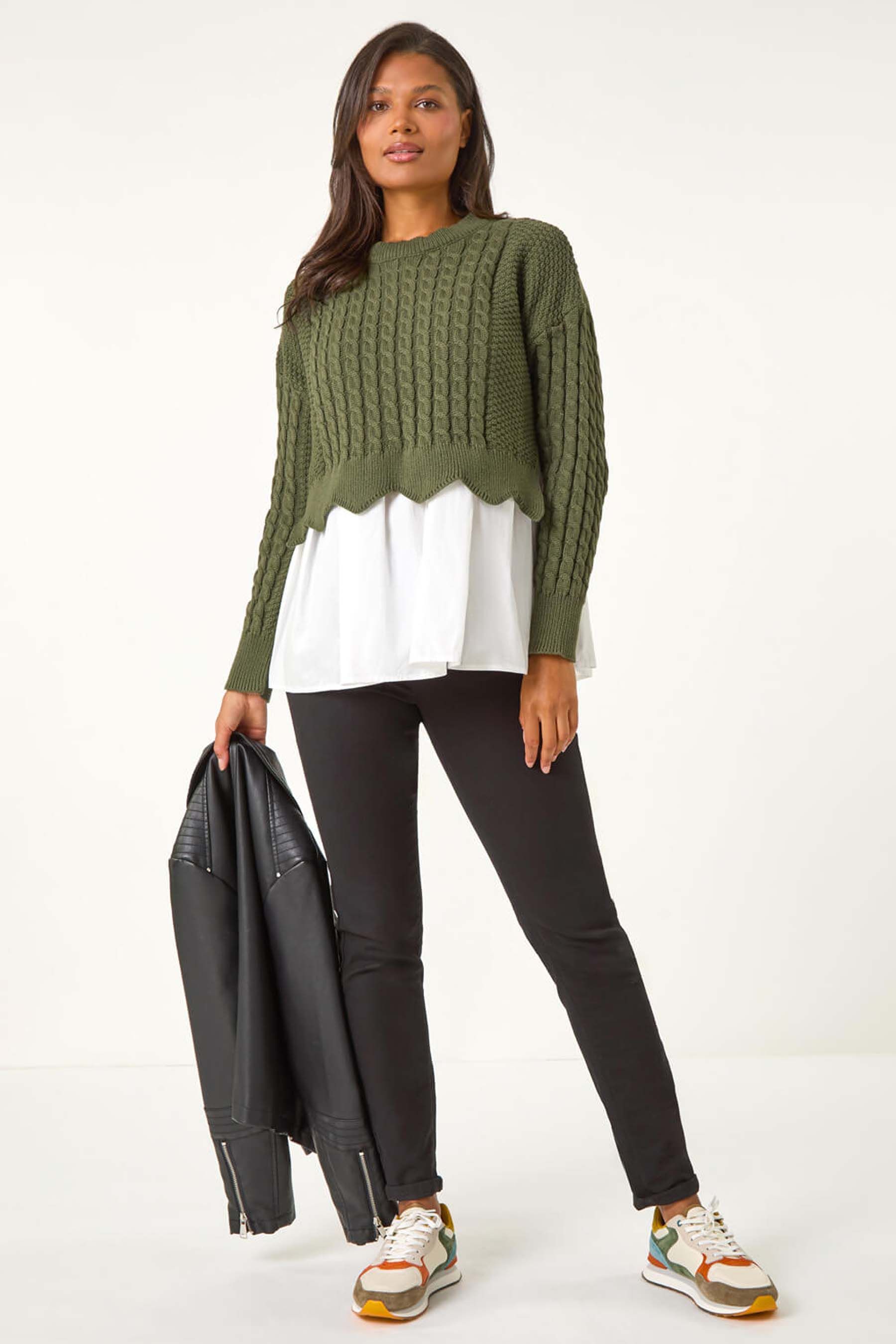 Roman Green 2 in 1 Contrast Cable Knit Jumper