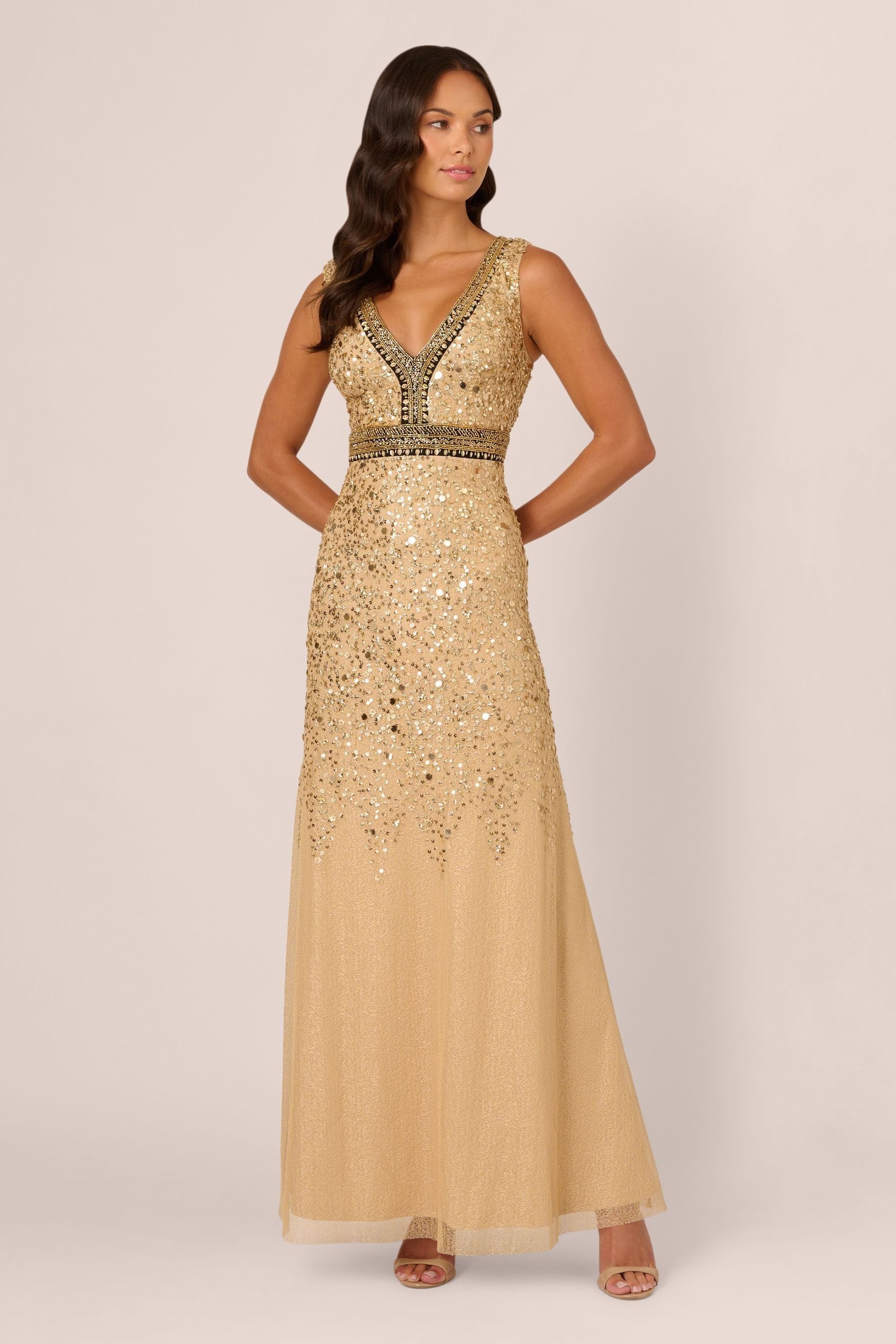 Adrianna Papell Gold Bead Metallic Long Dress