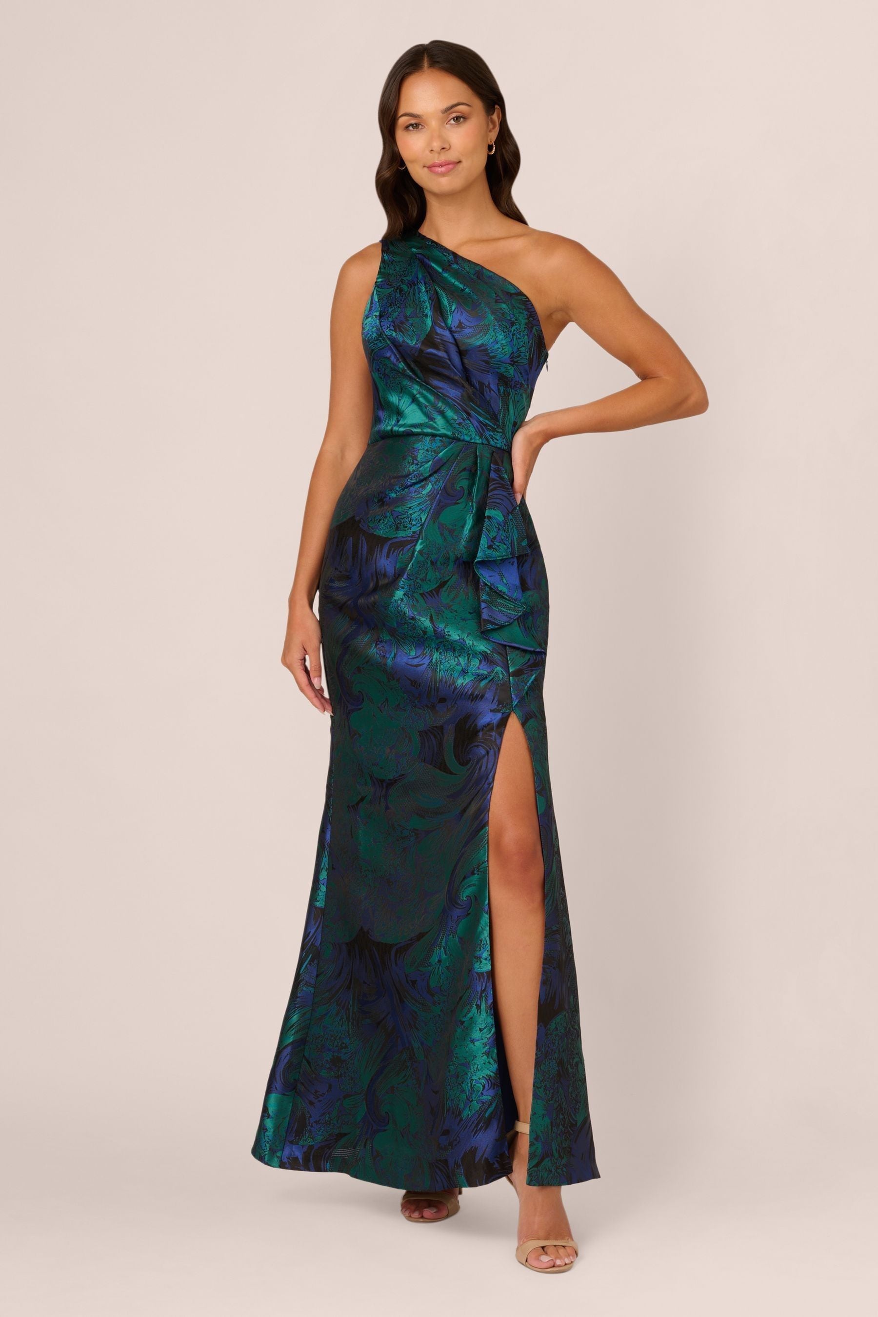Adrianna Papell Blue One Shoulder Jacquard Dresses