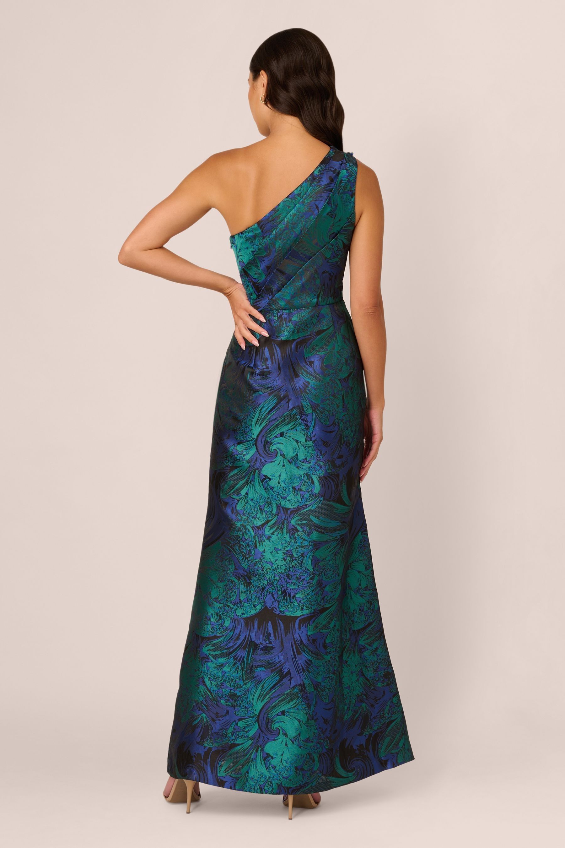 Adrianna Papell Blue One Shoulder Jacquard Dresses