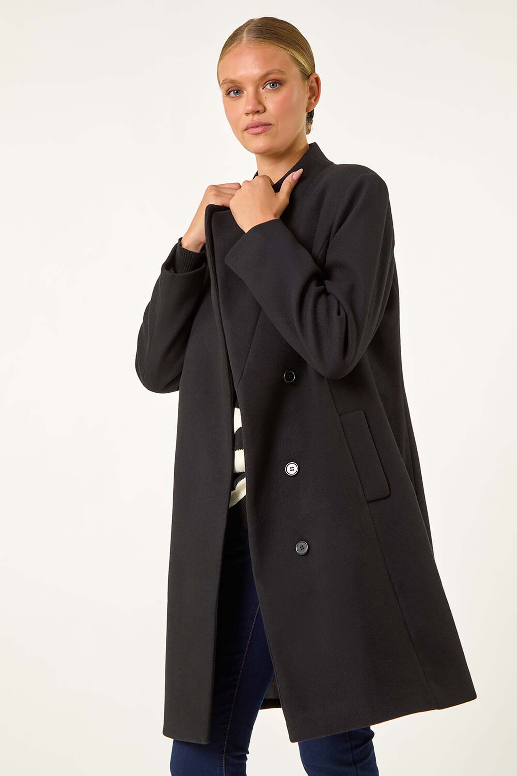 Roman Black Tailored Funnel Neck Coat
