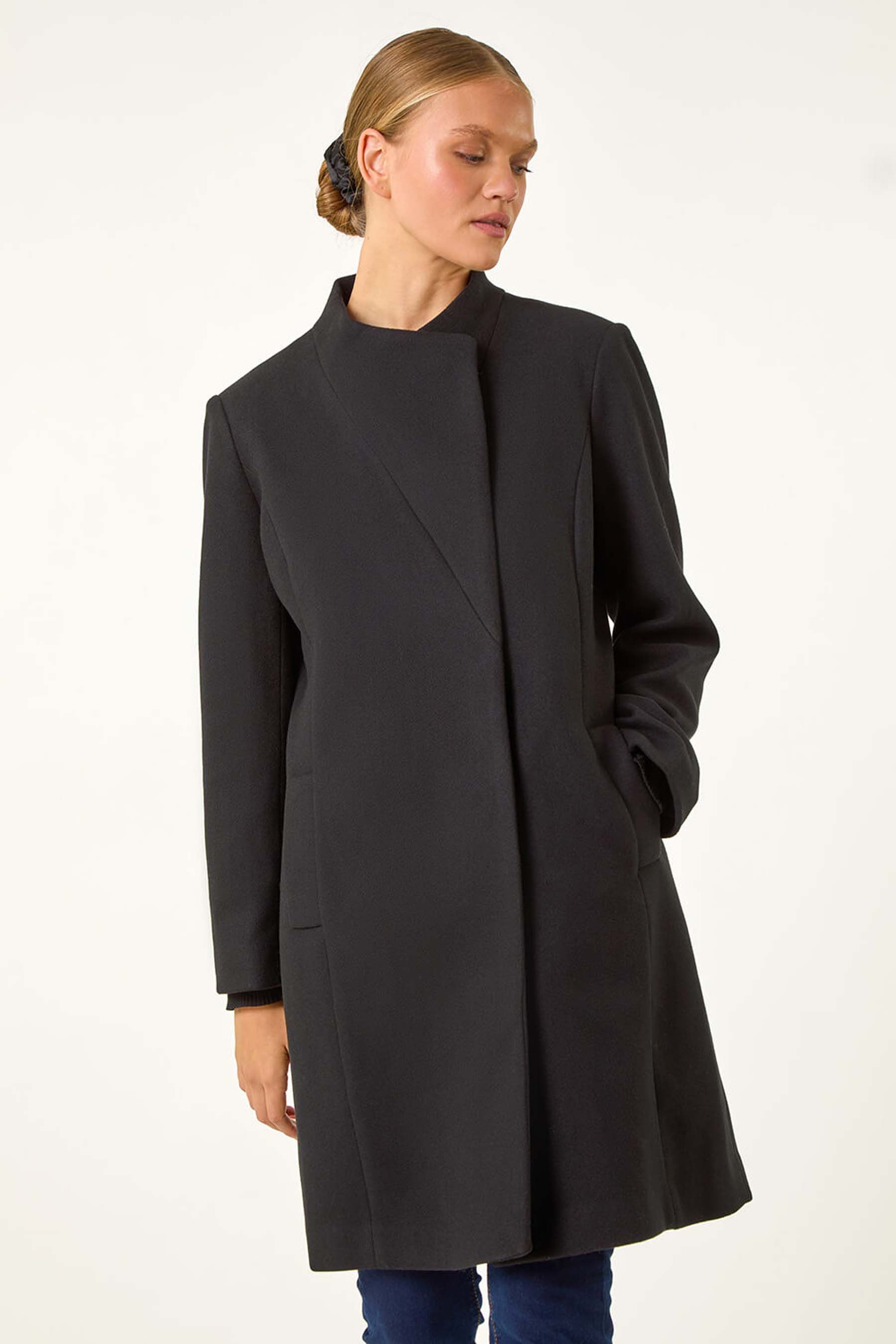 Roman Black Tailored Funnel Neck Coat