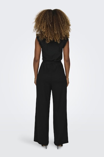 ONLY Black Broderie Top Frill Slevee Wide Leg Jumpsuit