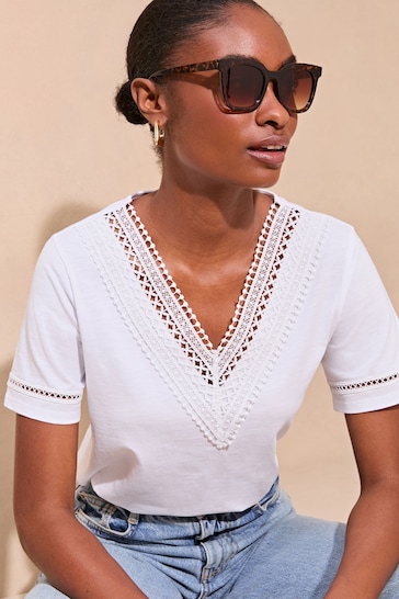 Lipsy White Crochet Trim V Neck T-Shirt