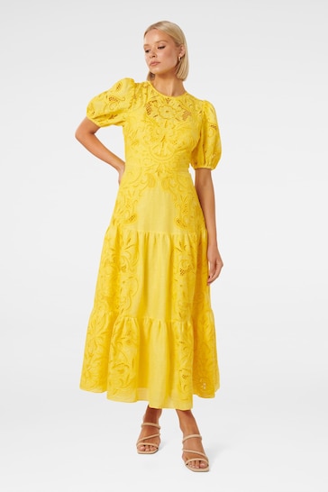 Forever New Yellow Pure Linen Lottie Broderie Midi Dress