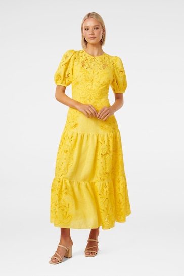 Forever New Yellow Pure Linen Lottie Broderie Midi Dress