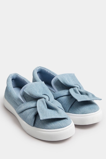 Yours Curve Blue Denim Twisted Bow Slip-On Trainers In Wide E Fit