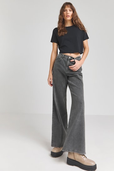 Simply Be Washed Black 00s Wide Leg Jeans