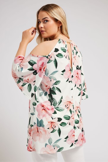 Yours Curve White YOURS LONDON Floral Print Chain Cold Shoulder Top