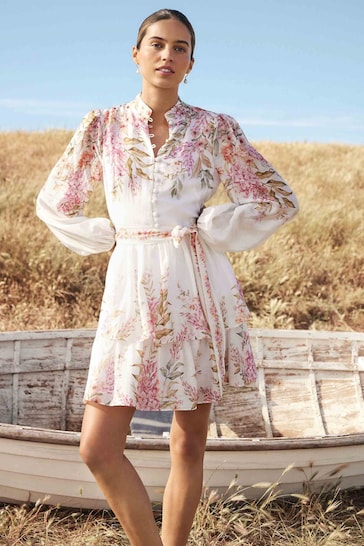 Forever New White Mini Isla Printed Long Sleeve Dress With A Touch of Linen