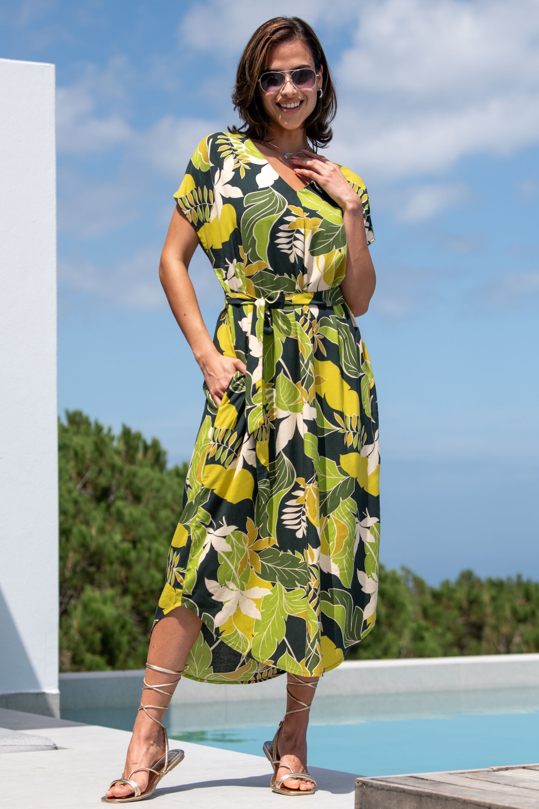Pour Moi Green LENZING ECOVERO Viscose Belted Beach Kaftan Dress