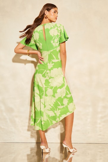 Lipsy Apple Green Floral Ruched Front Keyhole Cut Out Asymmetrical Midi Dress