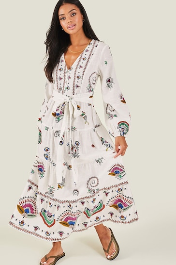 Accessorize Natural Fan Print Long Sleeve Tiered one-shoulder Dress