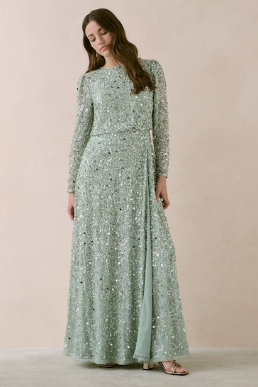 Maya Green All Over Embellished Long Sleeve Modest Maxi Dress