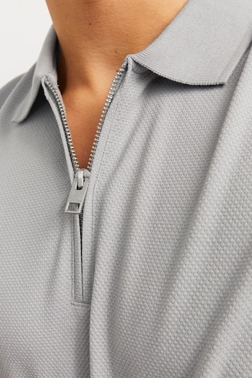 JACK & JONES Grey Textured Zip Up Polo Shirt