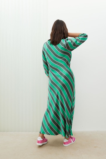 Oliver Bonas Green Diagonal Stripe Twist Midi Dress