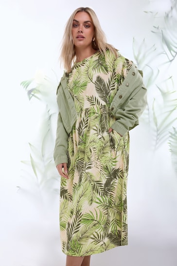 Yours Curve Green Tropical Print Pure Cotton Midaxi Dress