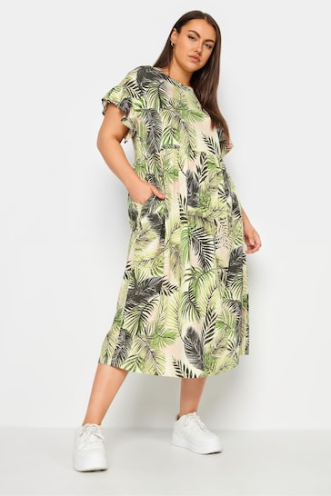 Yours Curve Green Tropical Print Pure Cotton Midaxi Dress