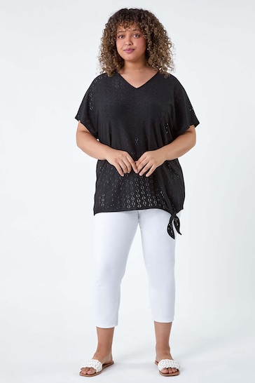 Roman Black Broderie Stretch Tie Detail Top