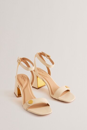 Ted Baker Cream Milliiy Mid Block Heel Sandals With Signature Coin