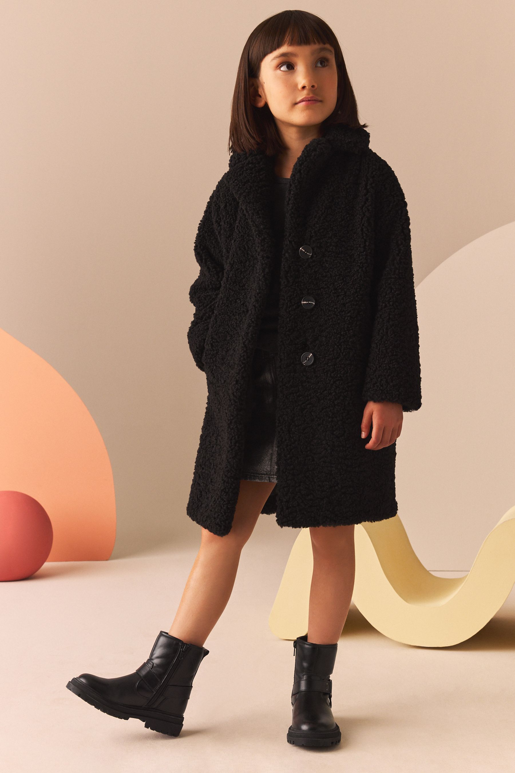 Black longline teddy coat cheap