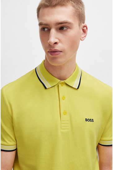 BOSS Yellow Cotton Polo Shirt With Contrast Logo Details