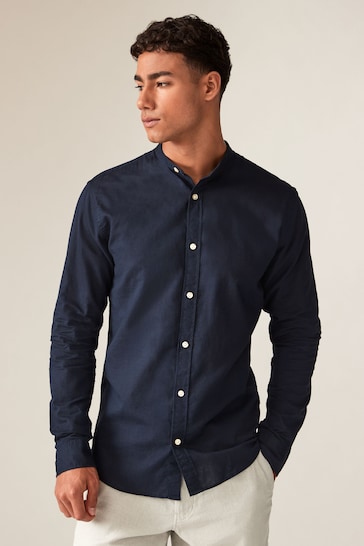 JACK & JONES Blue Linen Blend Grandad Collar Long Sleeve Shirt