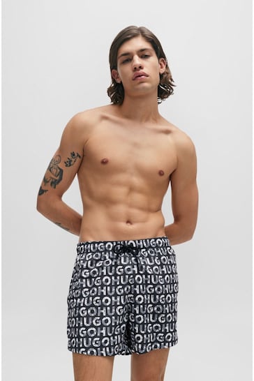 HUGO Recycled-Material Black Swim Shorts With Logo Print
