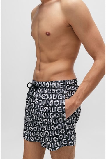 HUGO Recycled-Material Black Swim Shorts With Logo Print