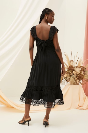 FatFace Black Hibiscus Lace Midi Dress