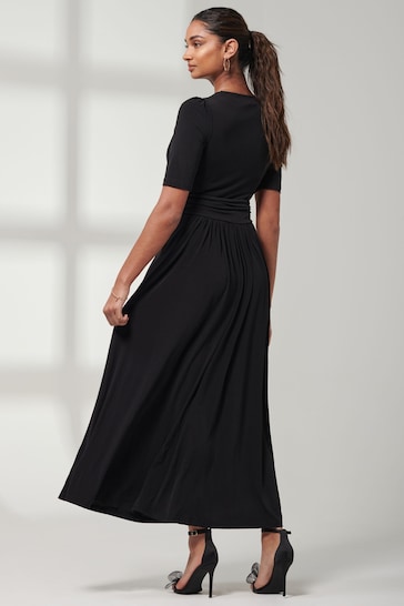 Jolie Moi Black Plain Jersey Wrap Front Maxi Dress