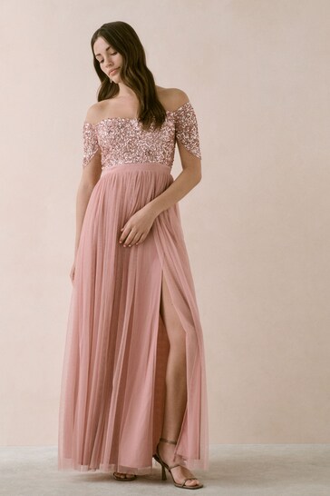 Maya Pink Embellished Sweetheart Bardot Maxi Bridesmaid Dress With Split