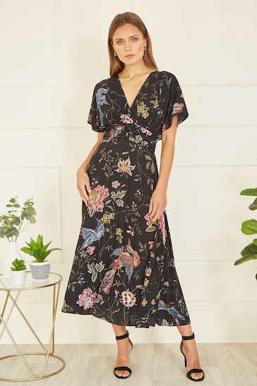 Yumi Black Viscose Bird and Floral Print Kimono Midi Dress