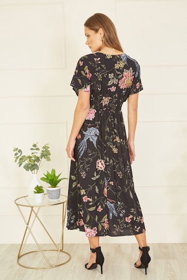 Yumi Black Viscose Bird and Floral Print Kimono Midi Dress