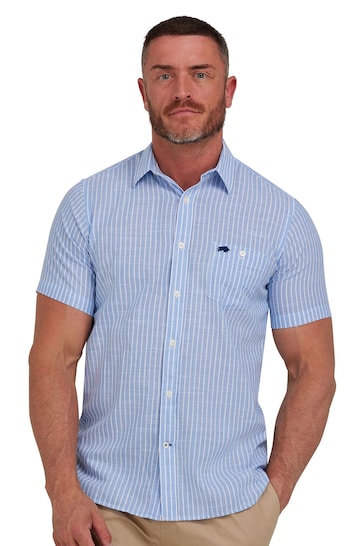 Raging Bull Blue Short Sleeve Fine Stripe Linen Look Shirt