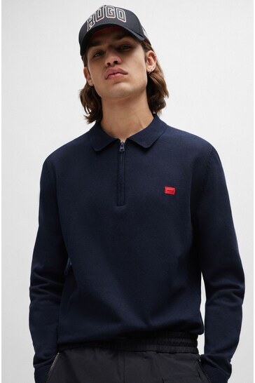 HUGO Blue Zip-Neck Cotton Sweater With Red Logo Label