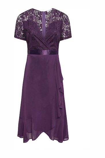 YOURS LONDON Curve Purple Lace Wrap Ruffle Midi Dress