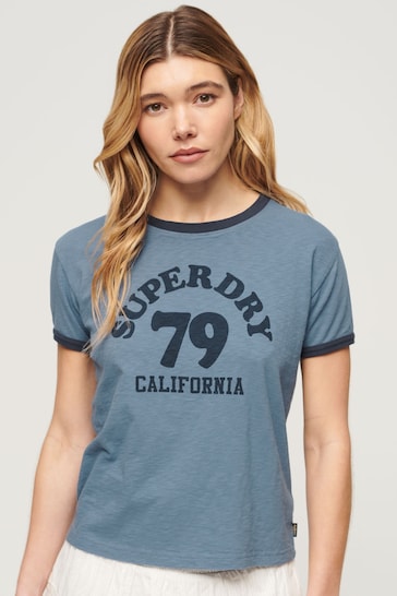 SUPERDRY Blue SUPERDRY Athletic Essentials Beach Graphic Ringer T-Shirt