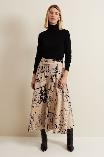 Phase Eight Natural Mavis Tuscan Print Midi Skirt