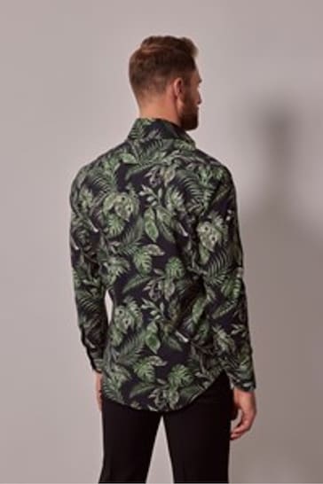 Hawes & Curtis Green Leaf Print Slim High Collar Shirt