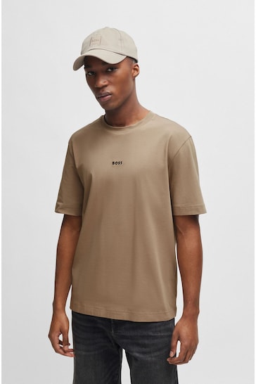 BOSS Brown Relaxed-Fit T-Shirt in Stretch Cotton With Logo Print