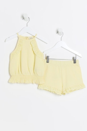 River Island Yellow Girls Broderie Top and Shorts Set