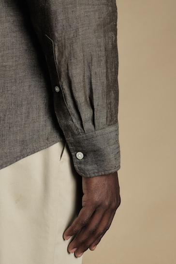 Charles Tyrwhitt Brown/Cream Slim Fit Plain Short Sleeve Pure Linen Full Sleeves Shirt