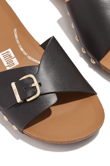FitFlop iQushion Adjustable Buckle Leather Black Slides