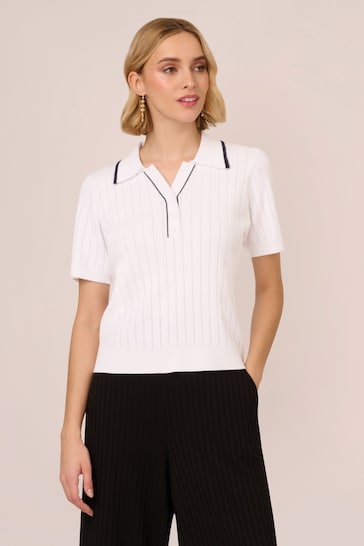 Adrianna Papell Pointelle Short Sleeve Tipped Polo White Sweater