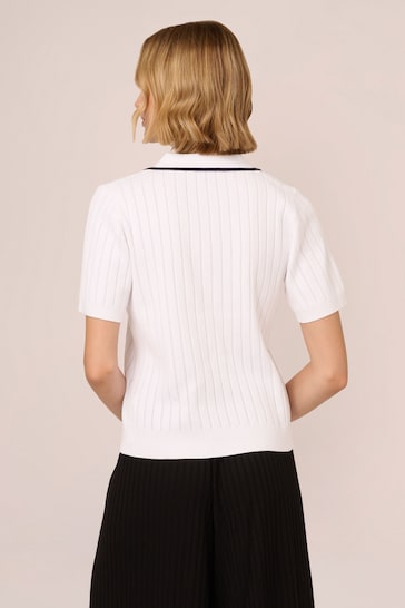 Adrianna Papell Pointelle Short Sleeve Tipped Polo White Sweater