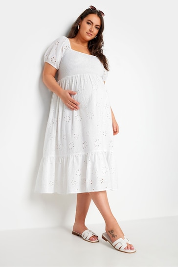 Yours Curve White Maternity Broderie Shirred Dress