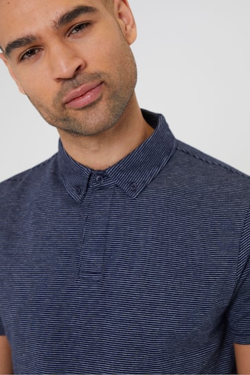 Threadbare Navy Geometric Print Cotton Jersey Polo Shirt